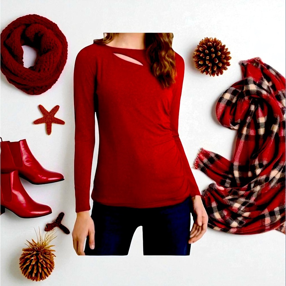 Vince Camuto Shimmering Ruby Red Asymmetrical Ruched Long Sleeve Top